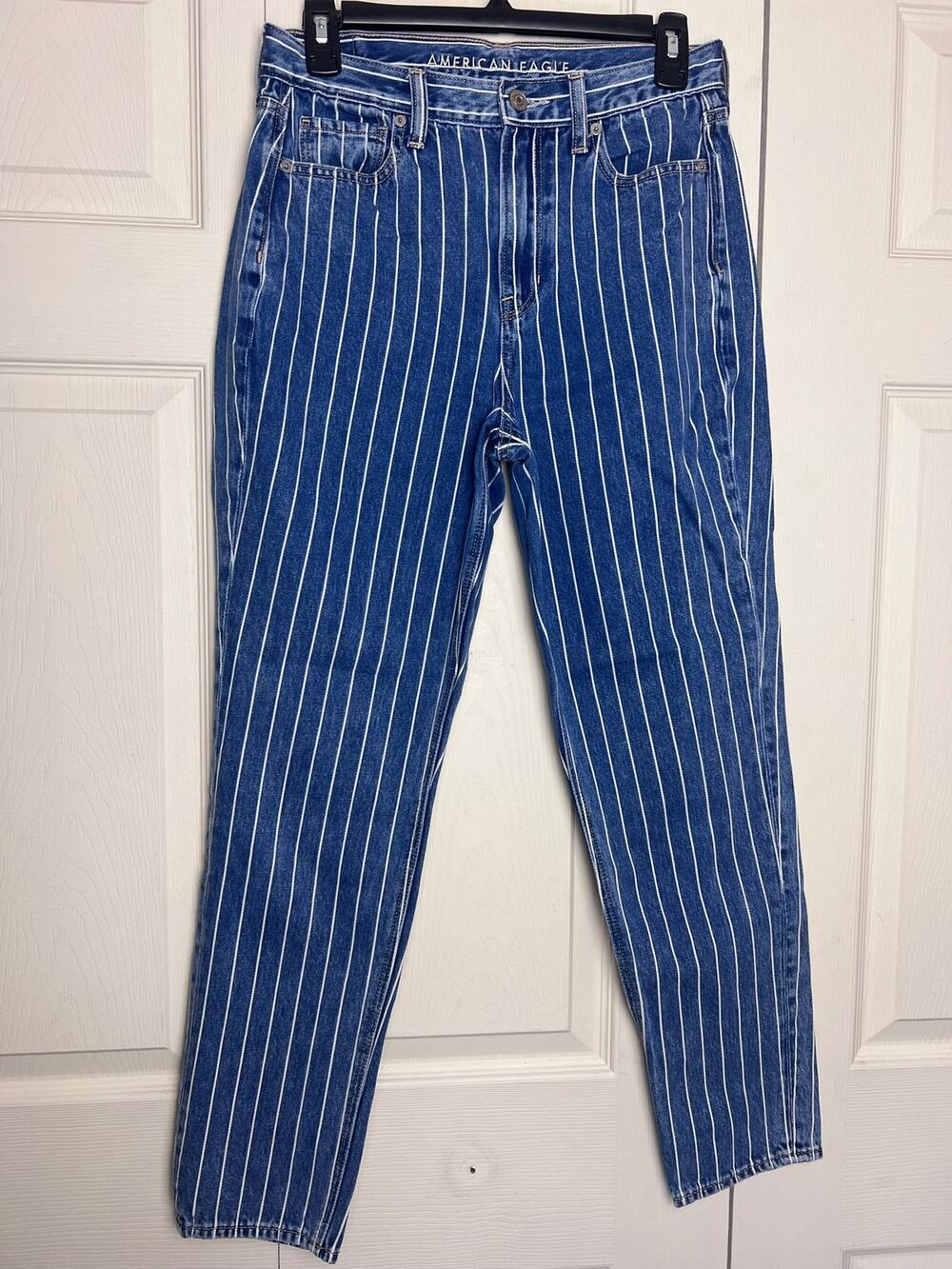 American Eagle Mom Jeans Blue Denim White Pin Stripe Size 4 Regular 100% Cotton